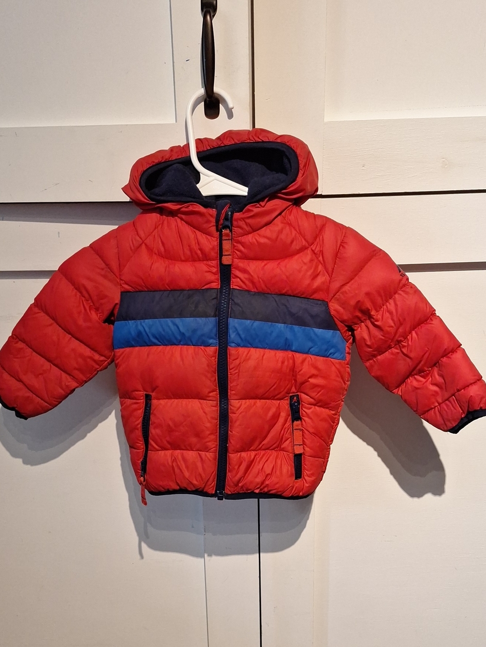 Snozu Red Hooded Puffer Jacket with Navy and Blue Stripes